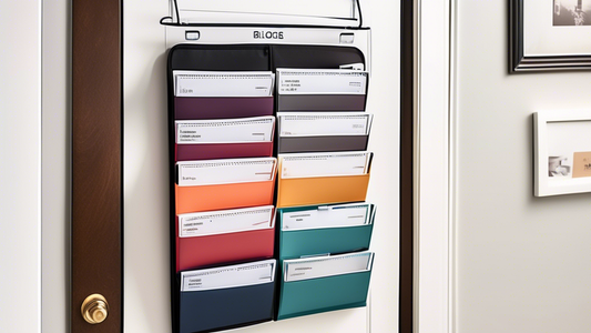 A photograph of an over-the-door file organizer filled with neatly filed and labeled paperwork, hanging on the back of a door in a home office. The organizer should have multiple pockets or compartmen