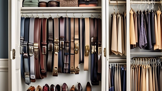An organized closet with an over-the-door belt and tie rack, featuring a variety of belts and ties hanging neatly and accessible. The belts and ties are organized by color and style, creating a visual