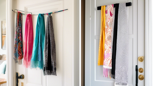 A scarf hanging neatly from an over-the-door organizer, with different colored and patterned scarves visible through the clear pockets. The organizer is mounted on a white door with a black handle, an