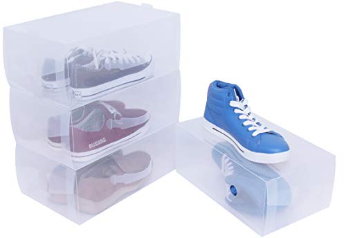 ITIDY Shoe-Box,Men and Women Shoe Storage Boxes with Handles for Easy Carrying,Plastic Foldable Stackable Shoe Storage Container,Closet Shelf Shoe Organizer,Pack of 4,Clear