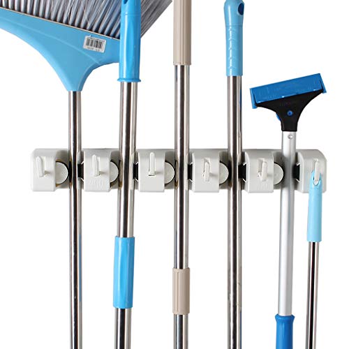 JIAHAI Mop Broom Holder Wall Mount Garden Tools Hanger Commercial Organizer Storage Rack for Kitchen Garden Laundry Room and Garage,Mop Handles Up to 1.41-Inches?White Heavy Duty