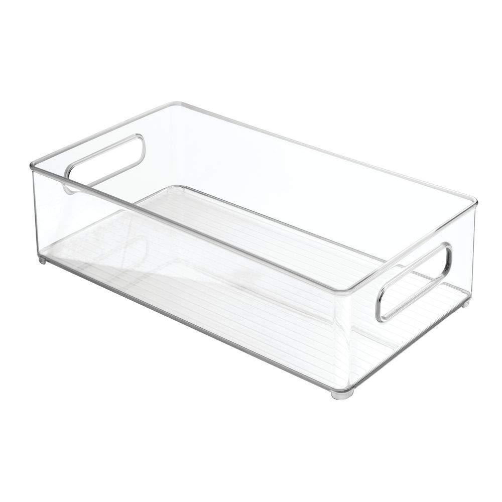 Kitchen mdesign large stackable kitchen storage organizer bin with pull front handle for refrigerators freezers cabinets pantries bpa free food safe deep rectangle tray basket 6 pack clear