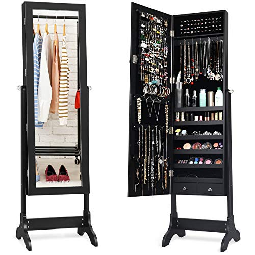 Giantex Lockable Standing Jewelry Armoire with Full Length Mirror, Large Storage Capacity Jewelry Cabinet Organizer with 2 Drawers, 4 Angel Adjustable, Extra Wide Mirror, for Women Girls (Black)