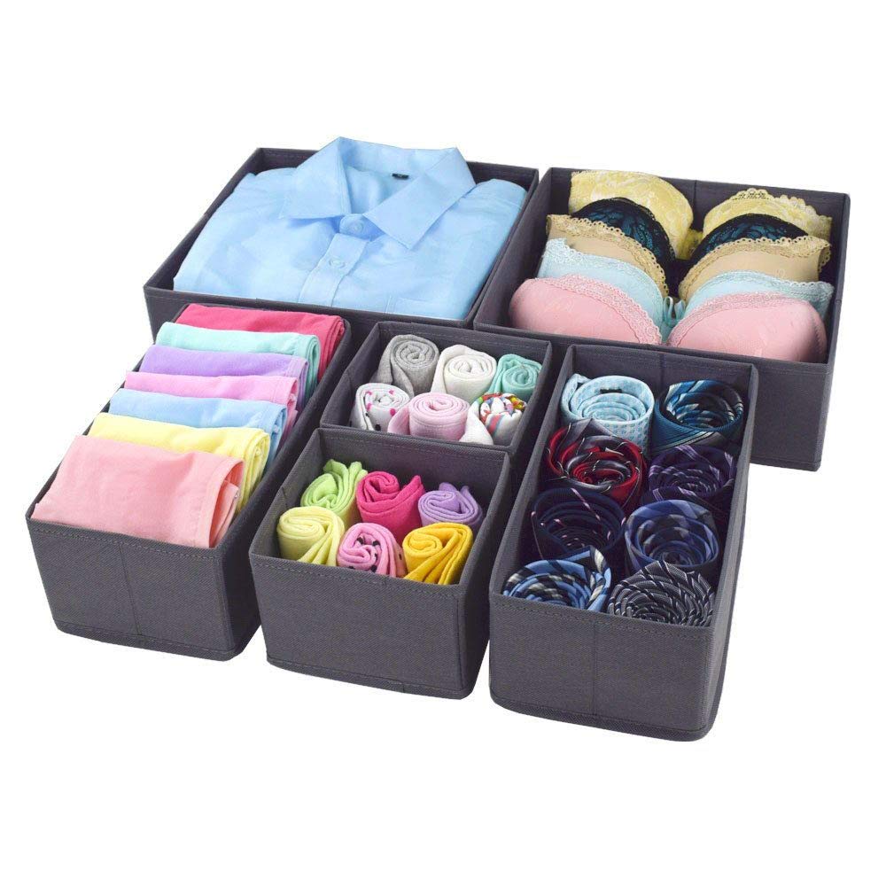 Homyfort Foldable Cloth Storage Box Closet Dresser Drawer Organizer Cube Basket Bins Containers Divider with Drawers for Underwear, Bras, Socks, Ties, Scarves, Set of 6, Grey