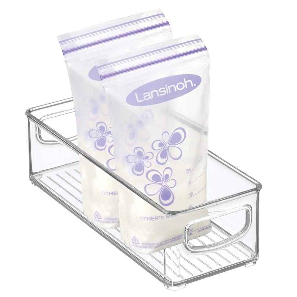 mDesign Baby Food Kitchen Refrigerator Cabinet or Pantry Storage Organizer Bin with Handles for Breast Milk, Pouches, Jars, Bottles, Formula, Juice Boxes - BPA Free, 10" x 4" x 3" - Clear