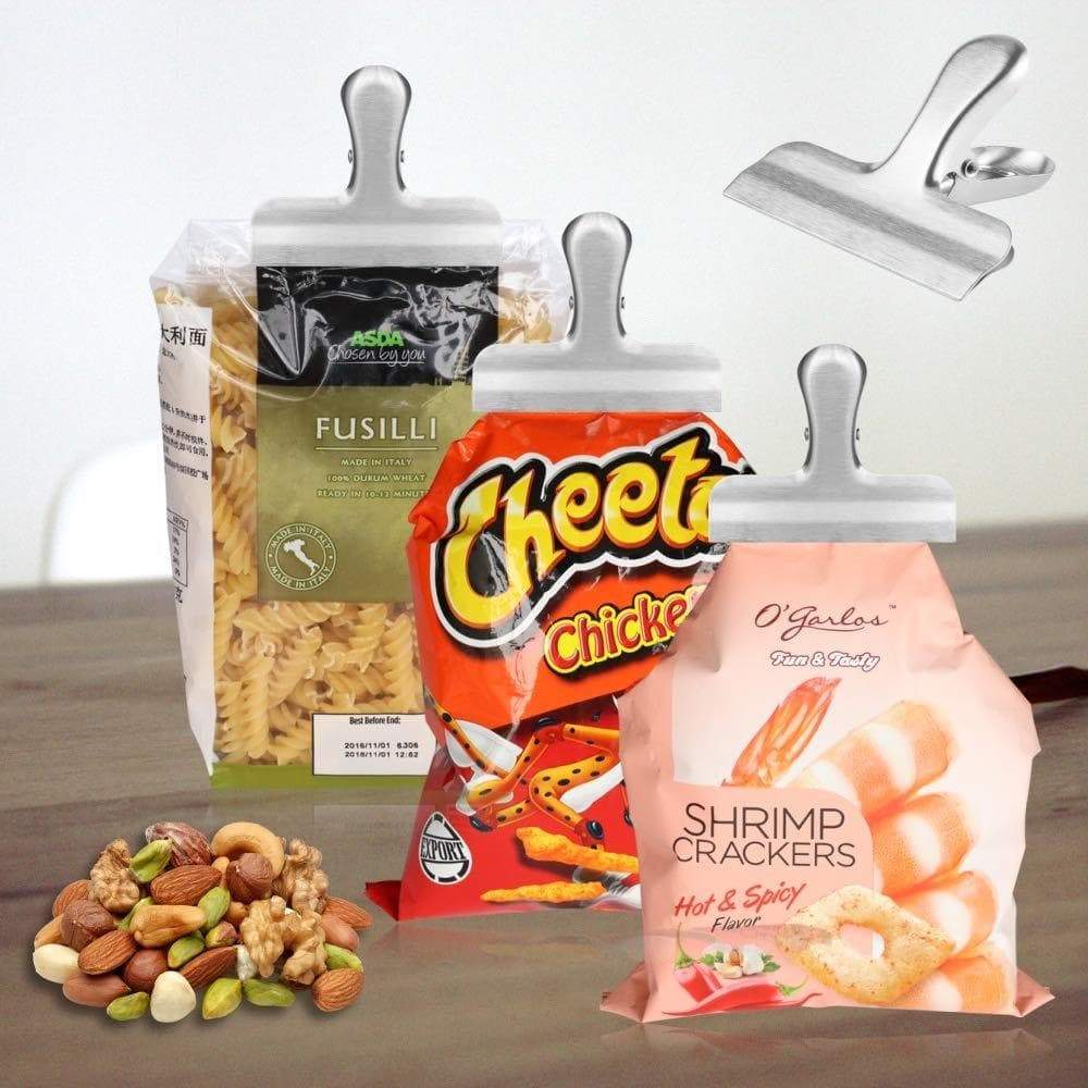 On amazon chip bag clips set of 8 leyosov 3 inches wide stainless steel heavy duty chip clips all purpose grip clips for kitchen office come in a nice reusable storage box
