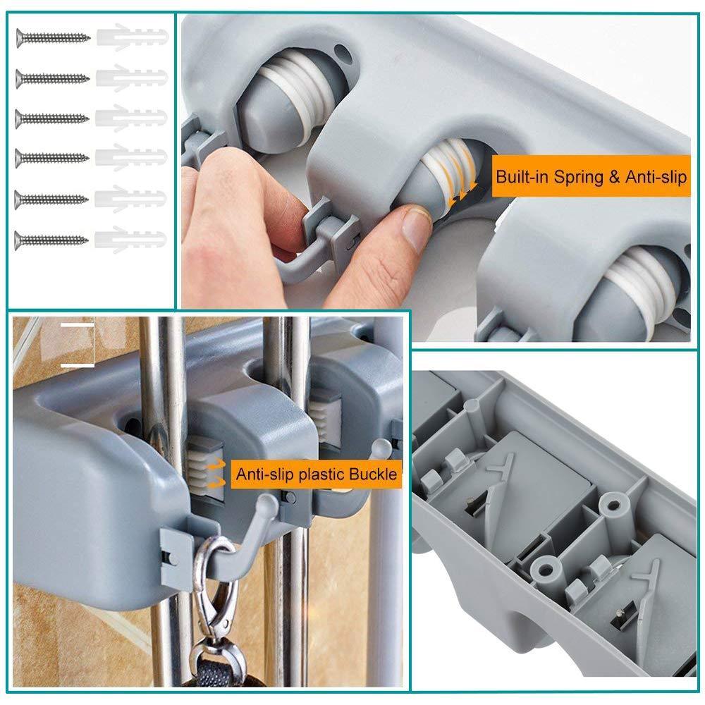 Bosszi Broom Holder & Mop Holder & Gardening Tools Organizer, Wall-Mounted Storage Racks with 5 Positions and 6 Hooks Holds Up to 11 Tools Firmly As Rake, Broom, Mop Handles, etc.