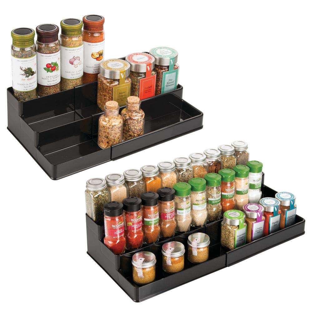mDesign Plastic Adjustable, Expandable Kitchen Cabinet, Pantry, Shelf Organizer/Spice Rack with 3 Tiered Levels of Storage for Spice Bottles, Jars, Seasonings, Baking Supplies, 2 Pack - Black