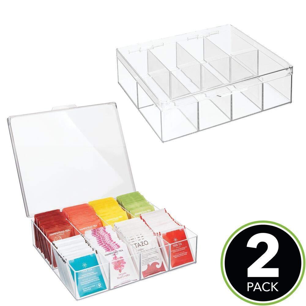 Budget friendly mdesign tea storage organizer box 8 divided sections easy view hinged lid use in kitchen pantry and cabinets holder for tea bags packets small items and accessories bpa free 2 pack clear