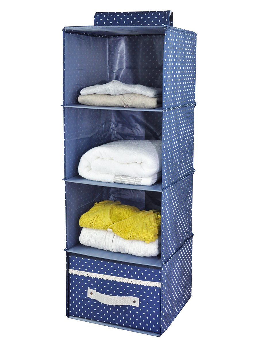 iwill CREATE PRO 4-Shelf Hanging Closet Organizer with Drawer, Thick Wooden Boards Inside, Suit for Clothes, Sweaters, Shoes Storage, Navy Blue Dot