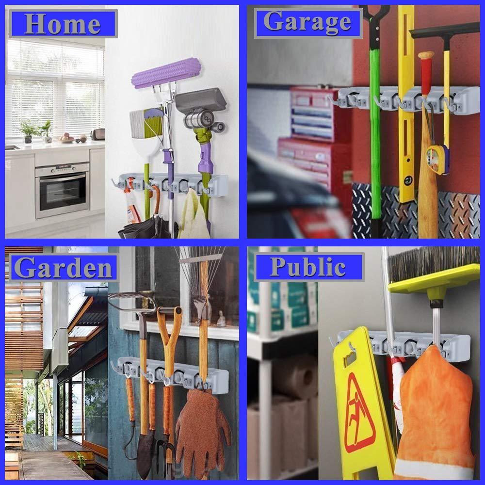 Bosszi Broom Holder & Mop Holder & Gardening Tools Organizer, Wall-Mounted Storage Racks with 5 Positions and 6 Hooks Holds Up to 11 Tools Firmly As Rake, Broom, Mop Handles, etc.