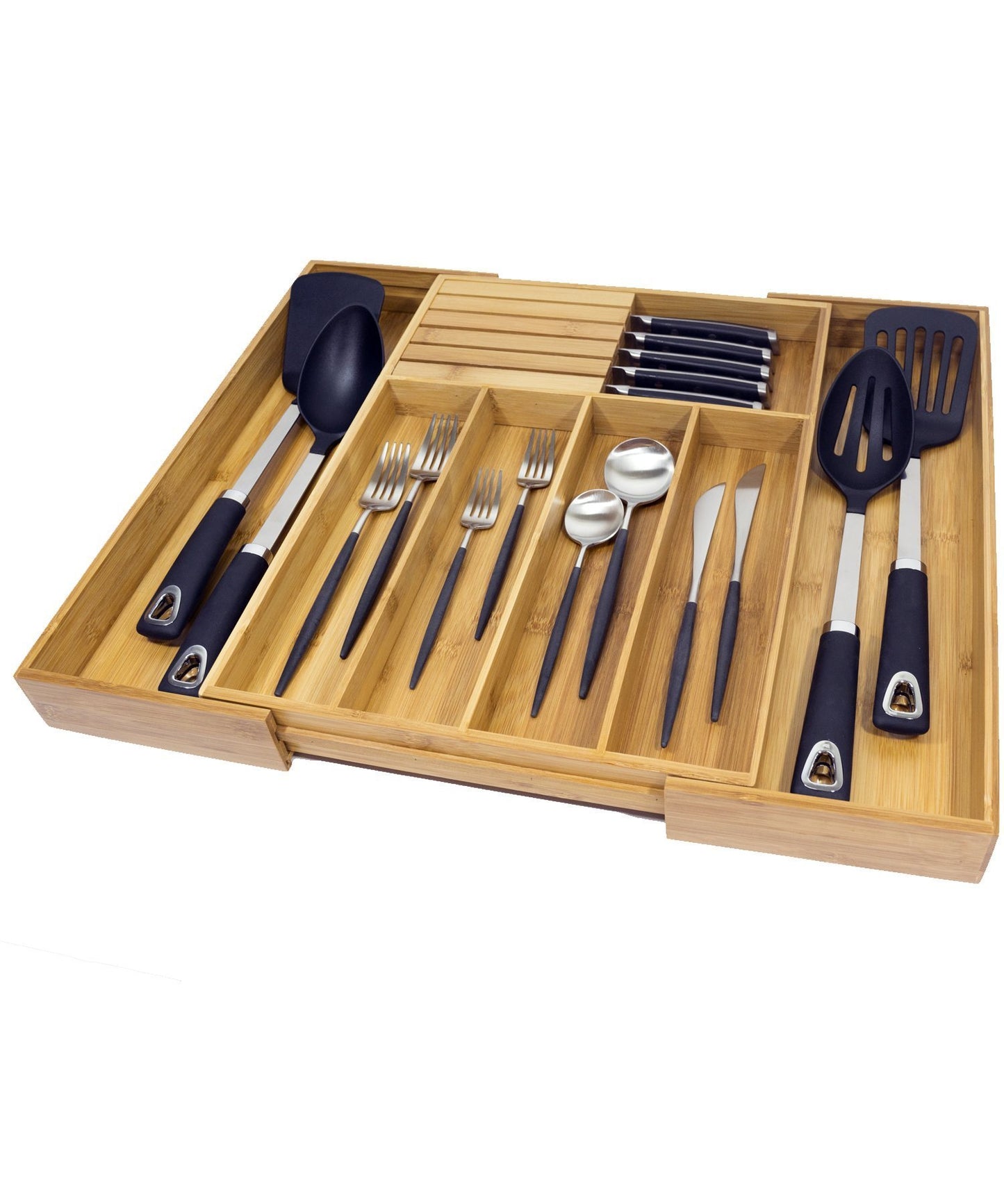 Try expandable bamboo kitchen drawer organizer w built in solid bamboo knife block 100 eco friendly adjustable bamboo kitchen utensil cutlery tray