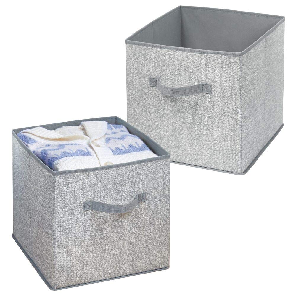 mDesign Large Soft Fabric Closet, Home Storage Organizer Cube Bin Box - Front Handle - Storage for Closet, Bedroom, Furniture Shelving Units - Textured Print, 12.75" High - 2 Pack - Gray