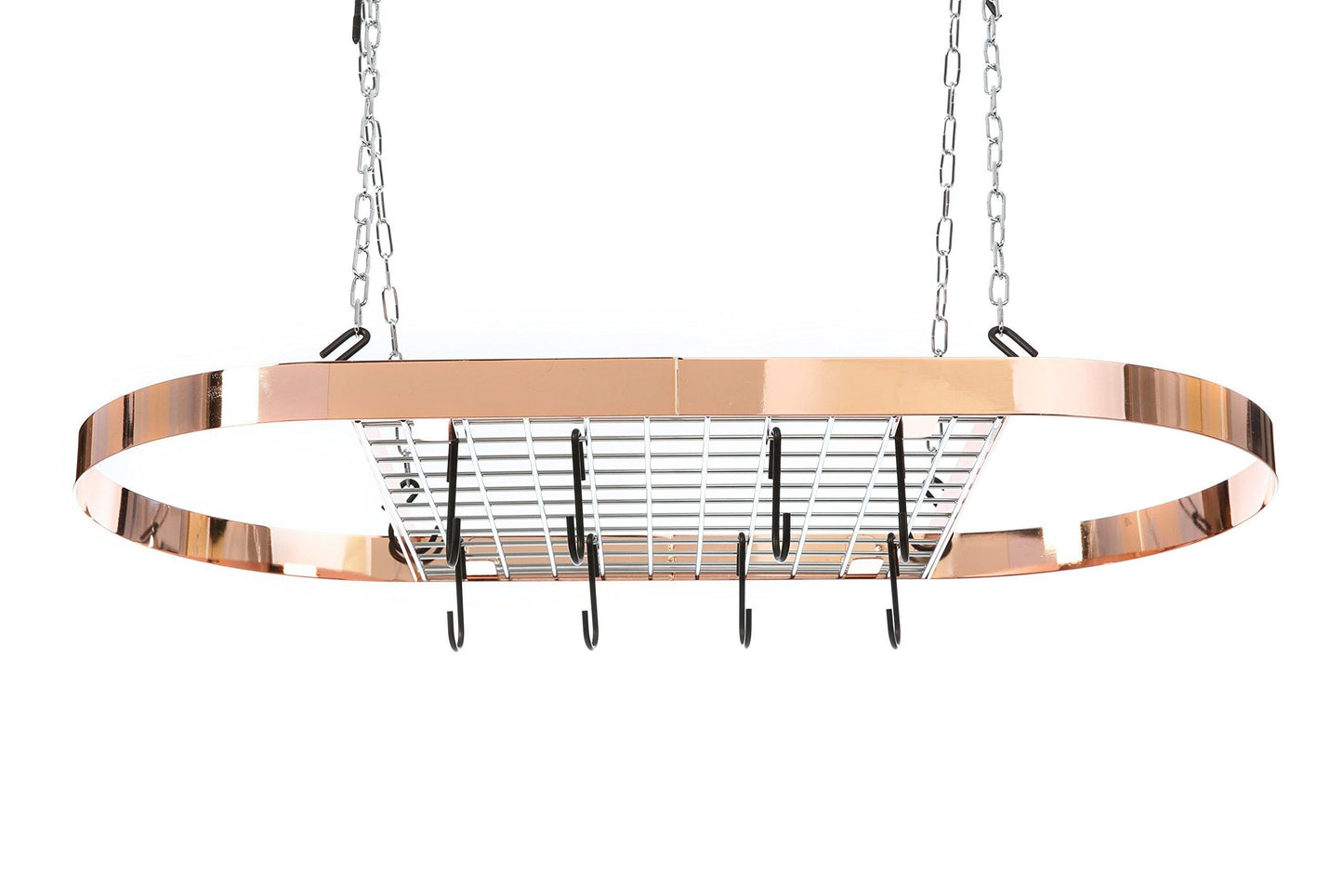 Discover the kinetic pot and pan rack with ceiling hooks premium oval mounted oragnizer rack with multi purpose kitchen organization and storage for home restaurant cookware utensils hanging metallic copper