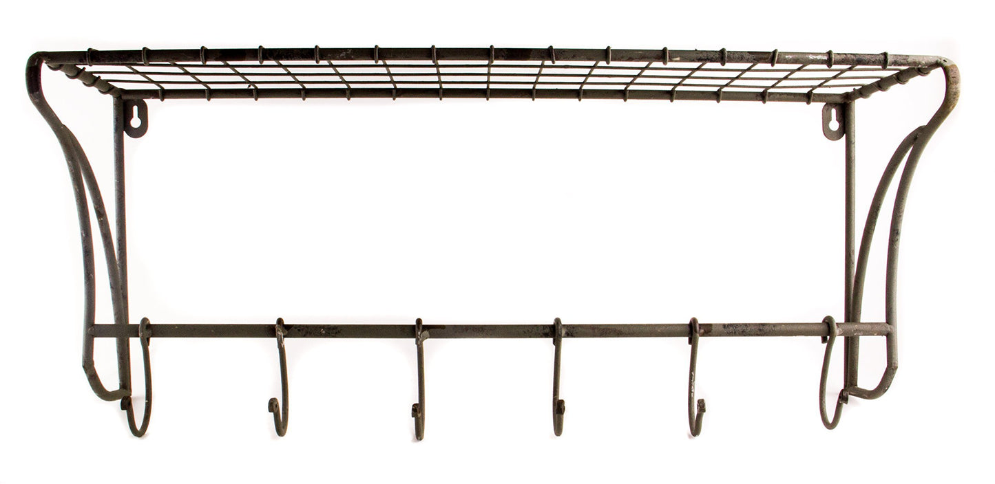 Rustic Wire Wall Shelf - Hanging Rack with Hooks, 23"x 10"x 8"