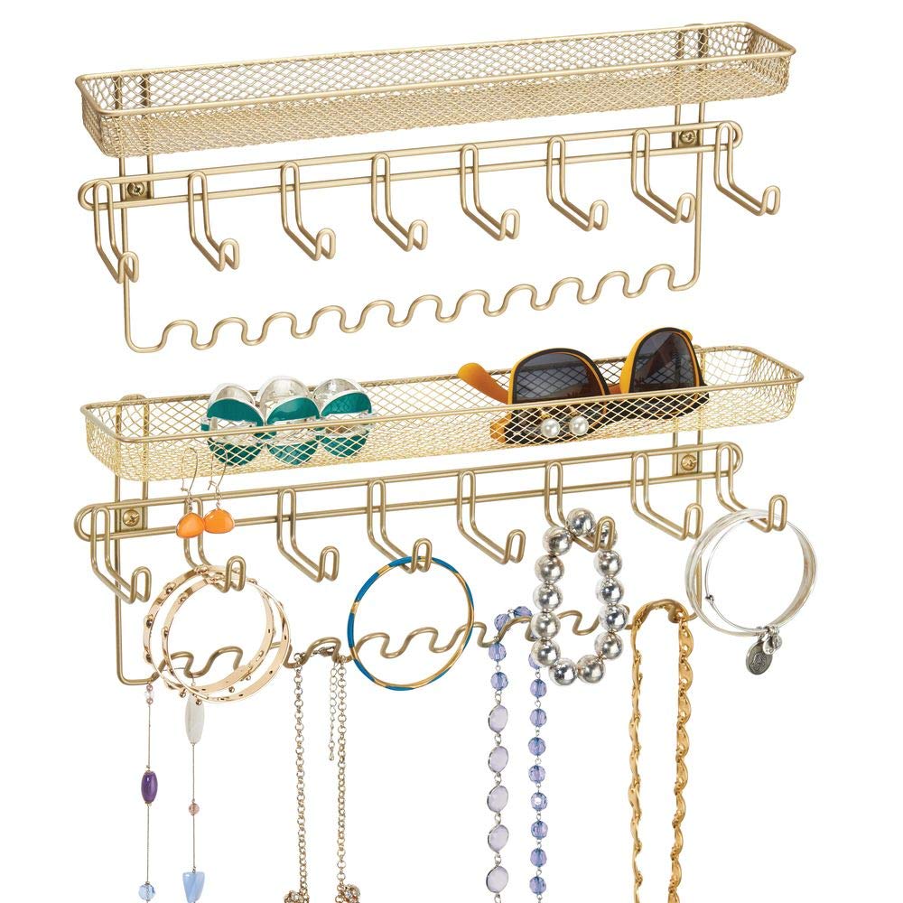 mDesign Decorative Metal Closet Wall Mount Jewelry Accessory Organizer for Storage of Necklaces, Bracelets, Rings, Earrings, Sunglasses, Wallets - 8 Large/11 Small Hooks, 1 Basket, 2 Pack - Gold Brass