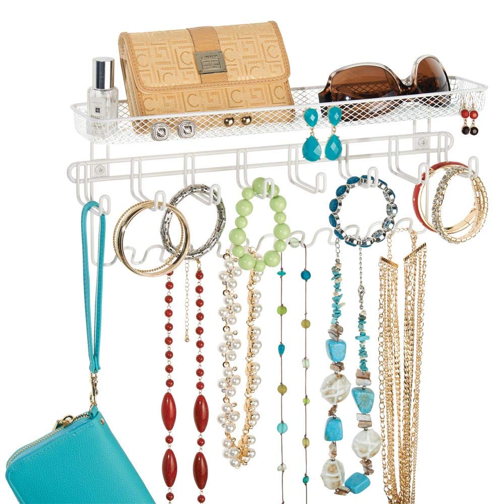 mDesign Decorative Metal Closet Wall Mount Jewelry Accessory Organizer for Storage of Necklaces, Bracelets, Rings, Earrings, Sunglasses, Wallets - 8 Large /11 Small Hooks, 1 Basket - White