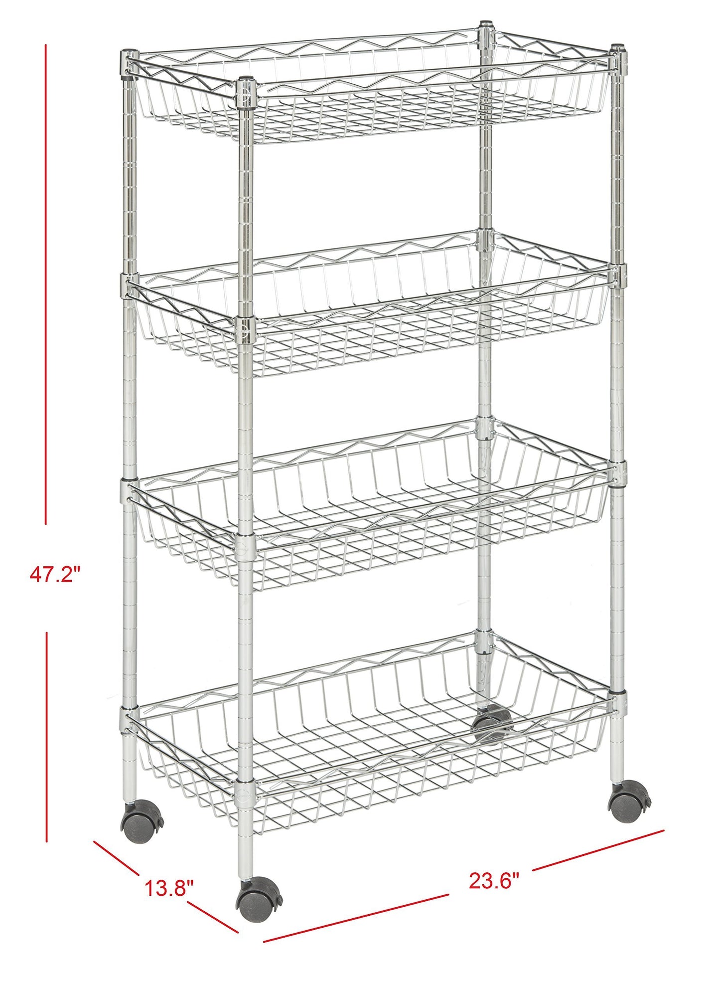 happimess Grove 4-Shelf 47" Basket Rack Casters, Chrome, Silver
