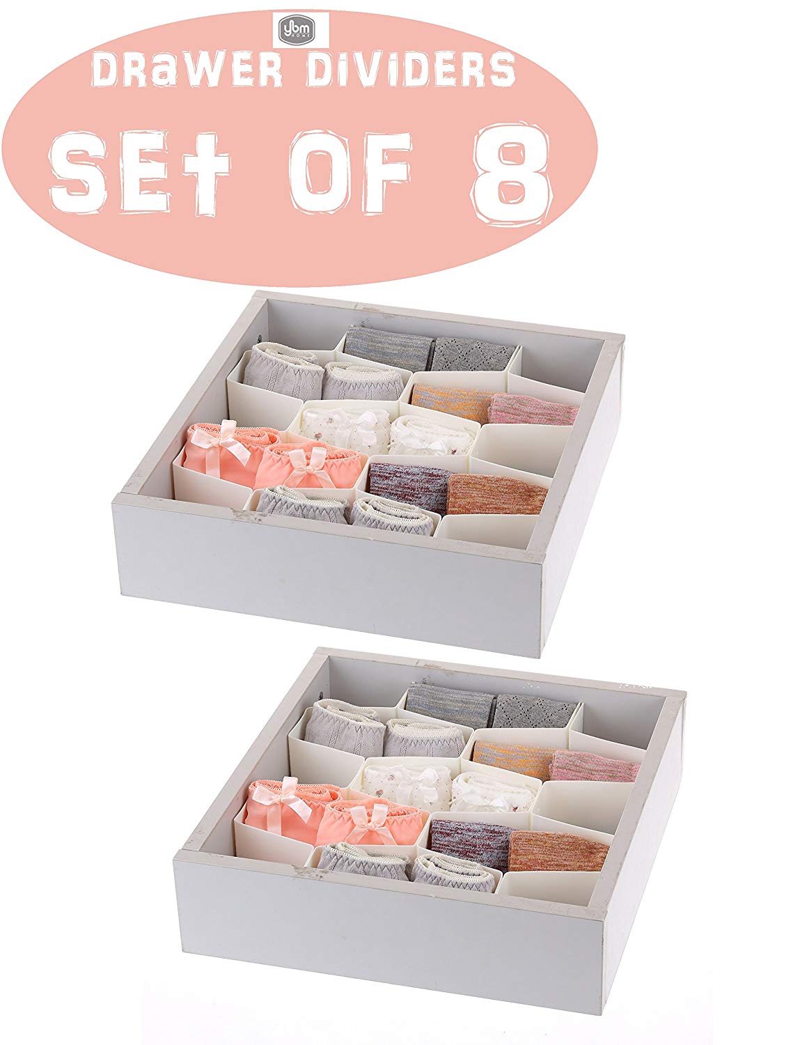 YBM HOME Ybmhome Plastic Cellular Partition Underwear Socks Bras Ties Belts Scarves Drawer Closet Shelf Divider Storage Bin Organizer Cabinet Clapboard White 2181-2 (Drawer Dividers Set of 8)