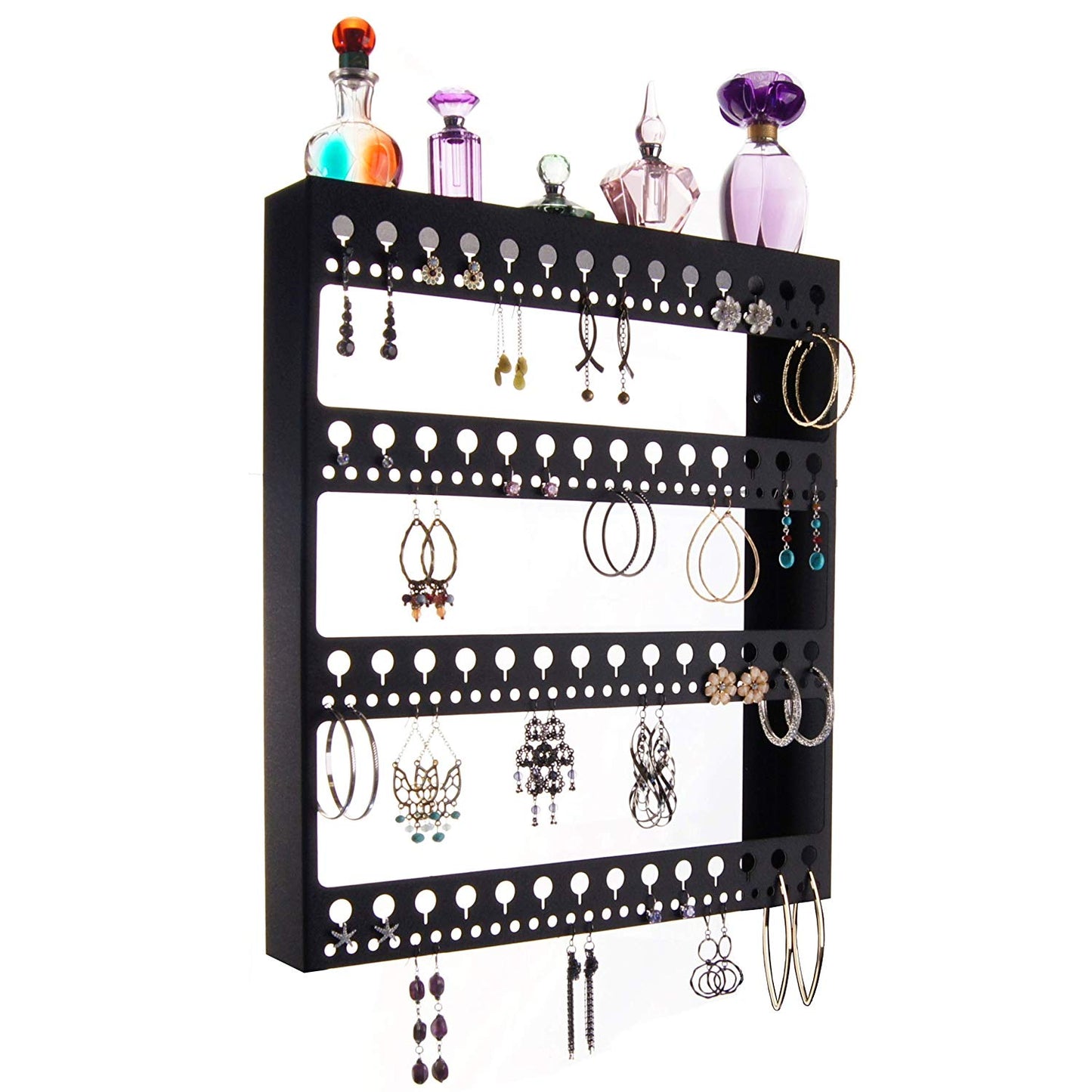 Angelynn's Large Earring Holder Organizer Wall Mount Hanging Closet Jewelry Storage Rack Floating Shelf, Rose Black