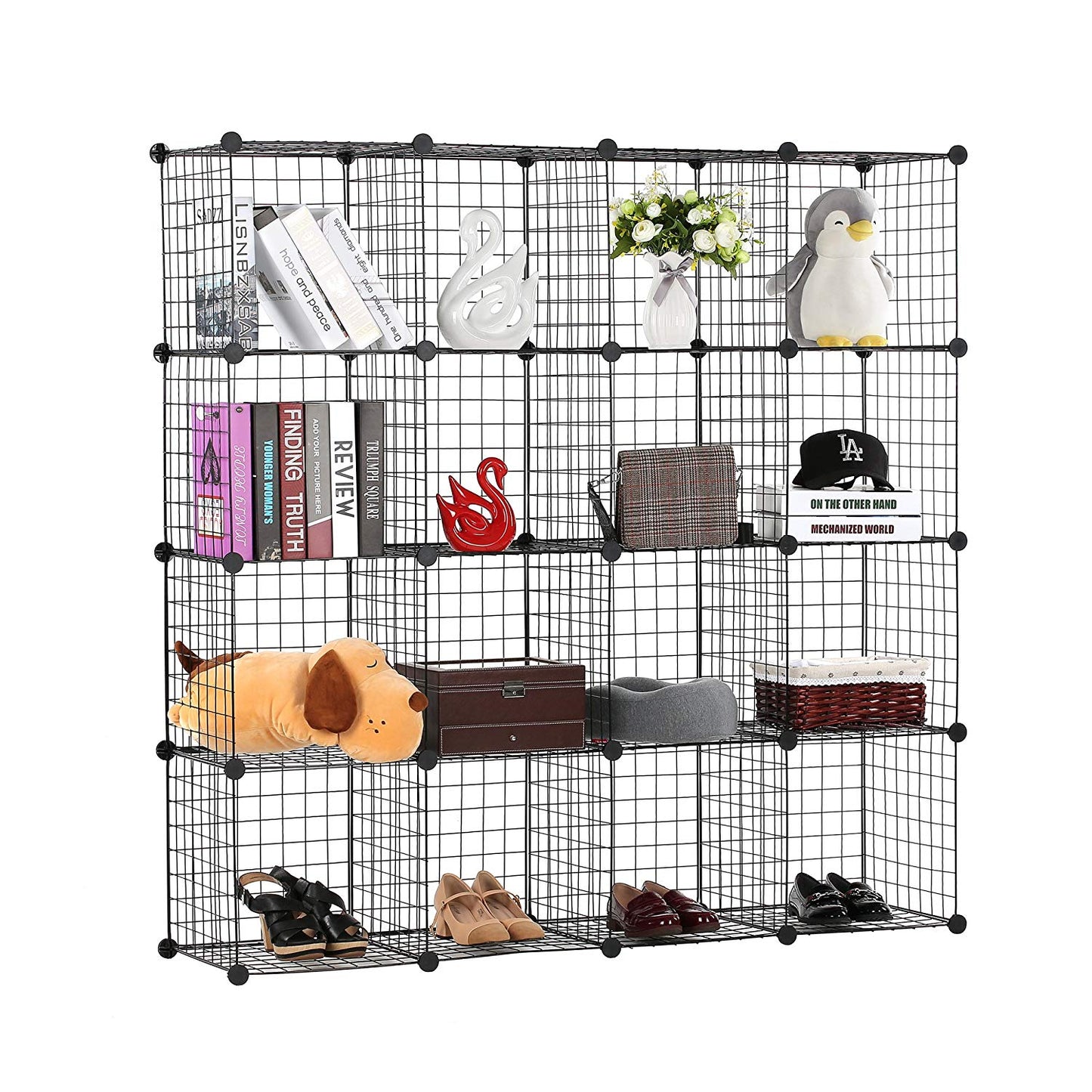 BASTUO 16 Cubes Wire Storage Cabinet DIY Bookcase Shelf Metal Modular Cubes Organizer,Closet for Toys,Books,Clothes,Black