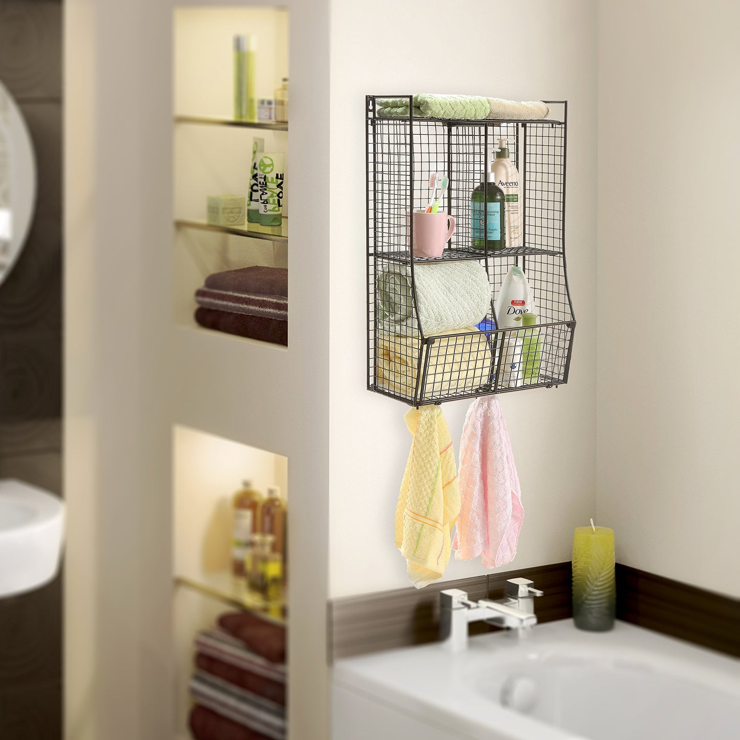 Wall Mounted/Collapsible Black Metal Wire Mesh Storage Basket Shelf Organizer Rack w/ 2 Hanging Hooks