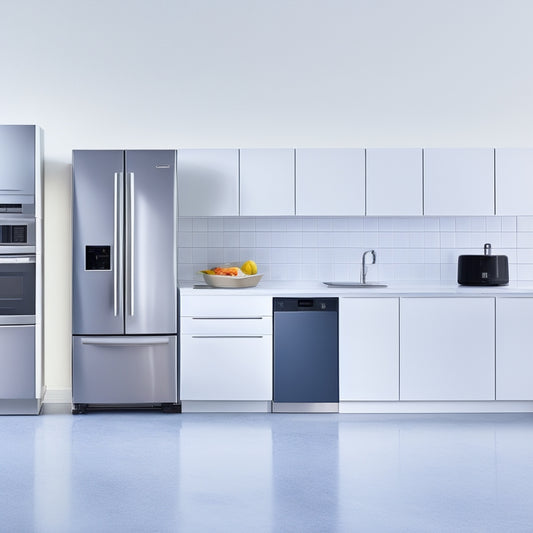 A sleek, modern kitchen with a compact refrigerator, toaster oven, and microwave, all in a row, against a bright white background, with stainless steel accents and subtle shadows.