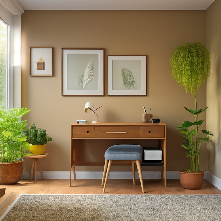 A serene, well-lit room with a minimalist desk, a few potted plants, and a stylish storage unit, surrounded by a calm, creamy-colored wall and a polished, dark hardwood floor.