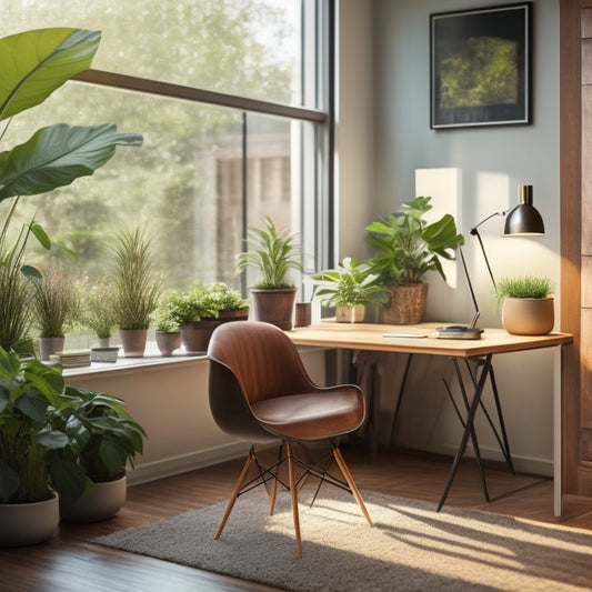 A spotless, modern home office with a polished wooden desk, a sleek chair, and a few potted plants, illuminated by soft natural light pouring in through a nearby window.