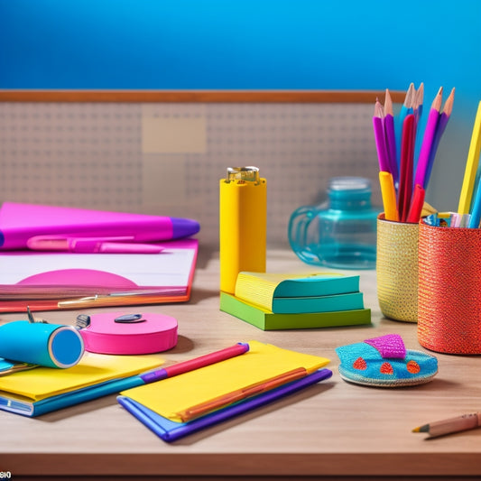 A colorful and clutter-free desk with a neatly arranged planner, pens, and pencils, surrounded by a few bright and cheerful notes and reminders, with a subtle background of a school hallway.