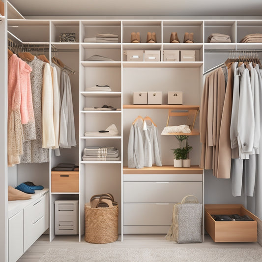 A stylish, minimalist closet with a mix of open shelves, drawers, and rods, featuring a few trendy outfits, shoes, and accessories, with a neutral color palette and natural light.