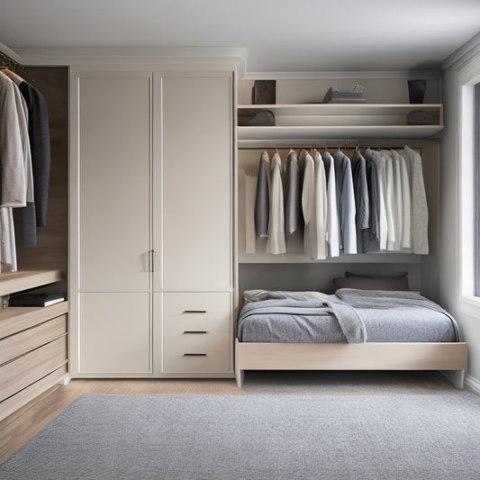 A serene, modern bedroom with a floor-to-ceiling closet system featuring soft-close drawers, shelves, and a double-hang rod, surrounded by calming beige walls and dark hardwood flooring.