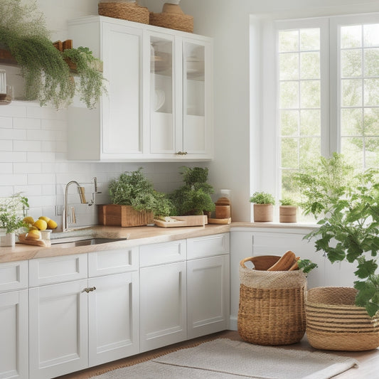 A bright, airy kitchen with creamy white cabinets, warm wood countertops, and a few strategically placed woven baskets, surrounded by a few carefully curated cooking essentials and a vase with fresh greenery.