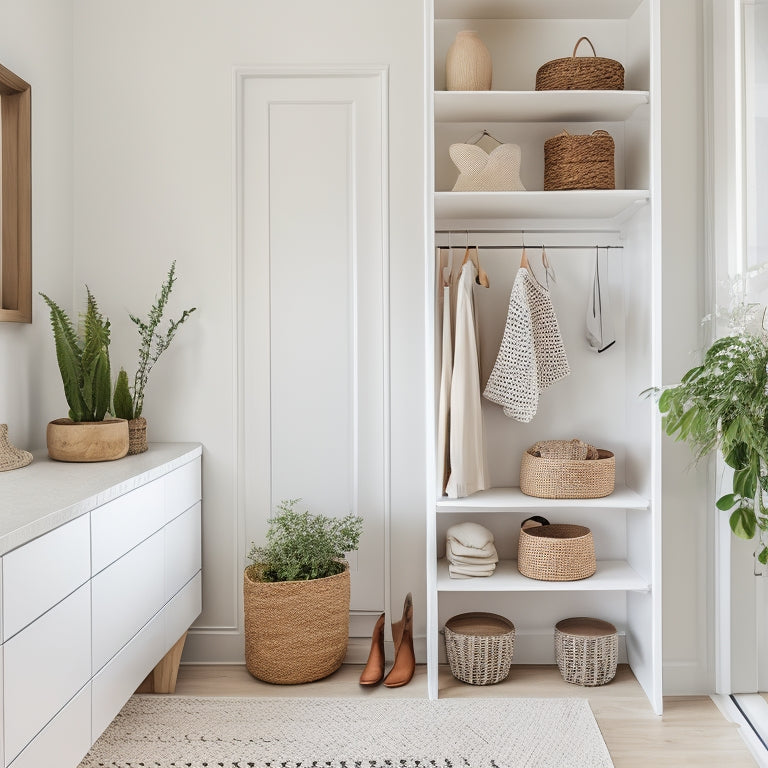 A minimalist, bright, and airy closet interior with AURDAL shelving system, featuring soft white walls, light wood flooring, and a few stylish, affordable decorative pieces, like woven baskets and a small potted plant.