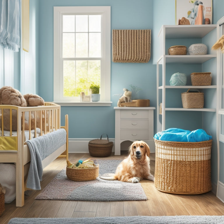 A bright and airy room with a pet bed in the corner, a nearby storage bin labeled with a paw print, and a tidy pet supply shelf with baskets and hooks.