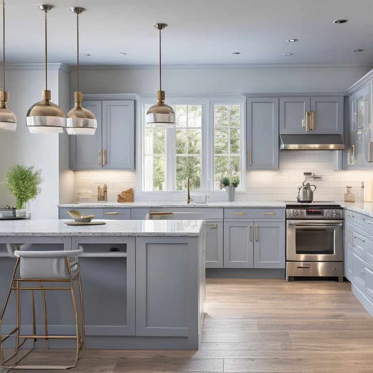 A bright, modern kitchen with a U-shaped cabinet layout, featuring soft-close drawers, quartz countertops, and a large island with a built-in sink and pendant lights.