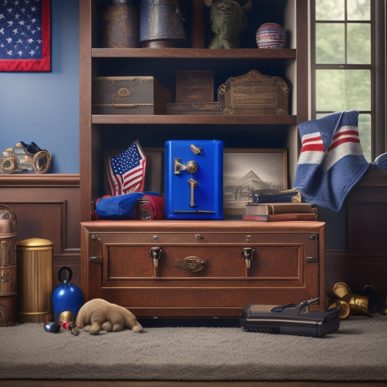 A serene background with a contrasting bold, locked gun safe in the center, surrounded by family photos and a subtle American flag pattern, with a few scattered toys and books.