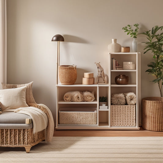 A cozy living room with a compact storage ottoman, a wall-mounted shelf with woven baskets, and a minimalist bookcase with a few favorite toys and books, all in a calming beige and wood tone color scheme.