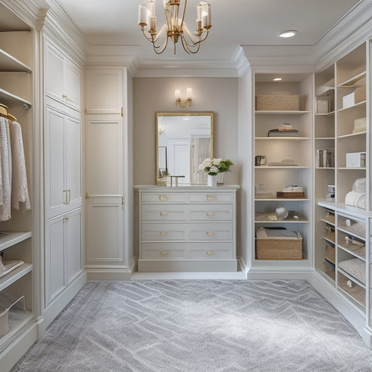 A serene, upscale closet interior with custom-built shelves, drawers, and a central island, adorned with elegant gold hardware, soft gray walls, and a plush, cream-colored area rug.