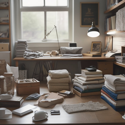 A cluttered room with piles of clothes, books, and papers, transitioning into a tidy space with labeled boxes, a clean desk, and a minimalist bookshelf, with a laptop and a clock in the background.