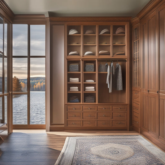 A serene, warmly lit closet interior with custom-built shelves, drawers, and cabinets in rich wood tones, surrounded by Lake Champlain's majestic scenery visible through floor-to-ceiling windows.