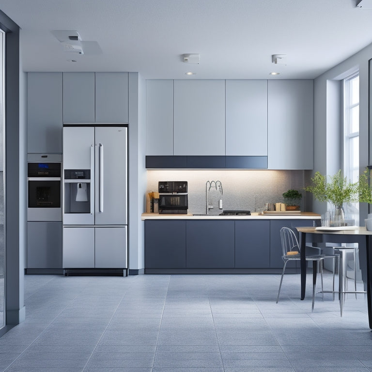 An illustration of a modern kitchen with floor-to-ceiling vertical storage units, showcasing stacked appliances like refrigerators, ovens, and dishwashers, with sleek lines, minimalist design, and ample negative space.