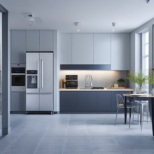 An illustration of a modern kitchen with floor-to-ceiling vertical storage units, showcasing stacked appliances like refrigerators, ovens, and dishwashers, with sleek lines, minimalist design, and ample negative space.