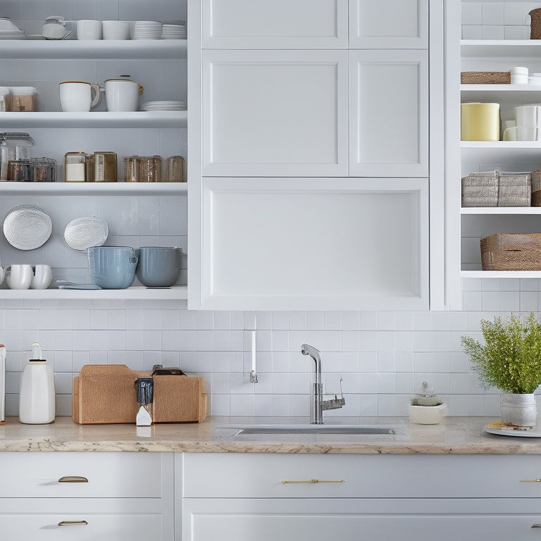 A bright, modern kitchen with open cabinets showcasing organized contents, including stacked white plates, a utensil organizer, and a few cookbooks, against a clean white background.