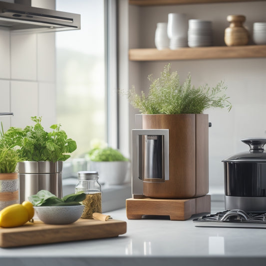 A clutter-free small kitchen countertop with a tiered wooden spice rack, a stainless steel utensil holder, and a ceramic container holding a few fresh herbs, surrounded by sleek, modern appliances.