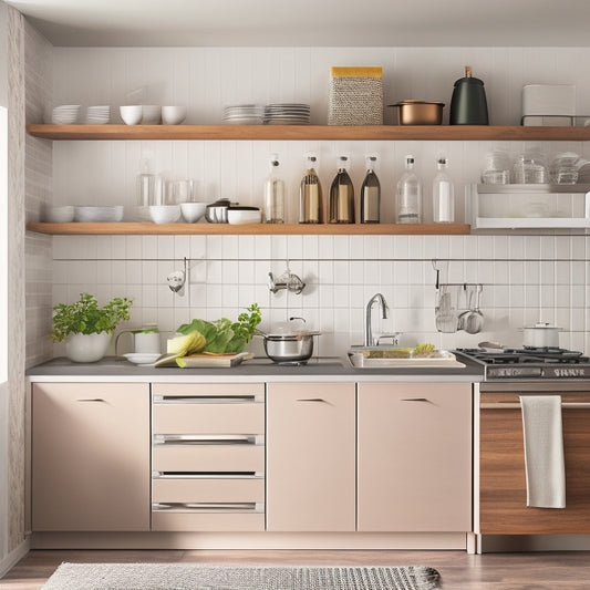 A clutter-free, modern compact kitchen with a sleek refrigerator, oven, and sink, featuring a retractable dish rack, foldable silicone utensil holder, and a wall-mounted spice organizer with small, labeled jars.