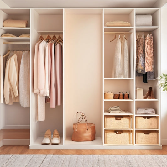 A serene, minimalist closet with creamy white walls, natural wood shelves, and a plush area rug, featuring tidy rows of hung garments, neatly folded clothes, and a few statement accessories.