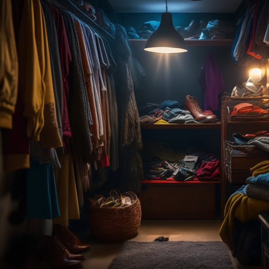 A dimly lit, cramped closet interior with tangled clothes, dusty shoes, and forgotten accessories spilling out of bursting shelves, with a single, eerie spotlight shining on a mysterious, partially hidden object.