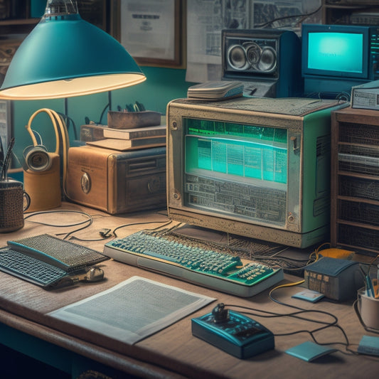 A retro-style desk cluttered with vintage computers, circuit boards, and tangled wires, surrounded by scattered pages of Issue 15 of Analog Computing Magazine, with a faint glow emanating from a nearby CRT monitor.