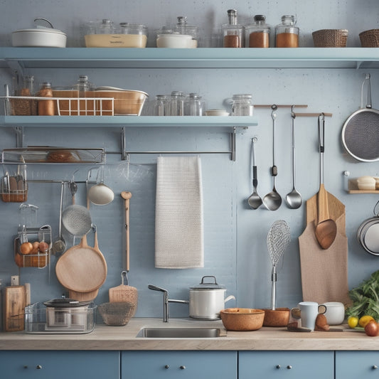 A tidy kitchen countertop with a rotating utensil holder, a wall-mounted pegboard, and a few strategically placed baskets, surrounded by a few neatly arranged kitchen tools and gadgets.